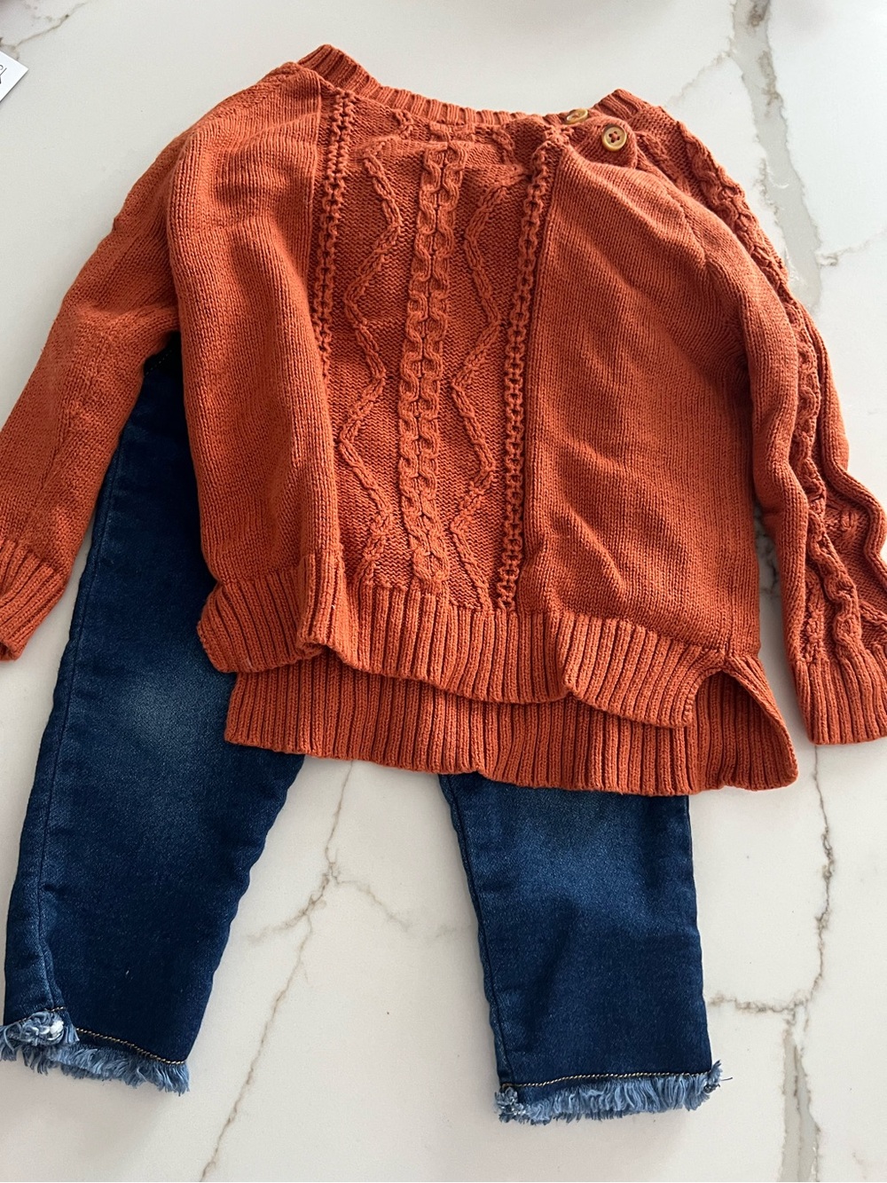12 Months Girls Rust Orange Cable-Knit Sweater and Denim Leggings Set